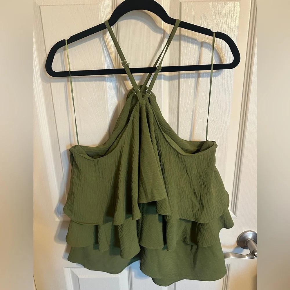 CeCe Floral Detail Layered Ruffle Halter Blouse, Olive Green, Sz Large